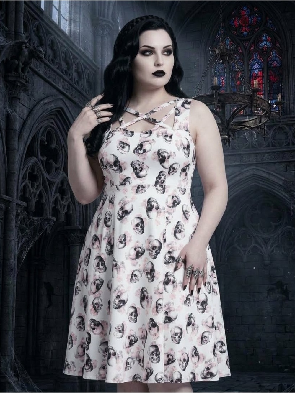 torrid White & Pink Skull Print Crisscross Fit-and-Flare Dress